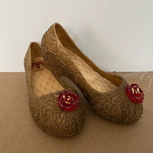 Disney Store Gold Red Rose Belle Costume Wedge Heels Kids 2/3 size​